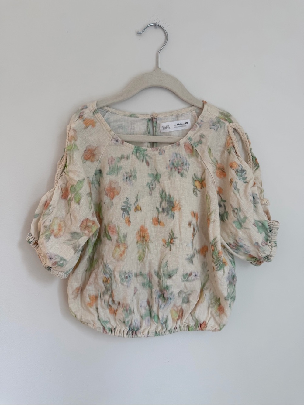 Zara Kids Cream Floral Puff-Sleeve Top with Shoulder Cut-Outs (Size 13-14)